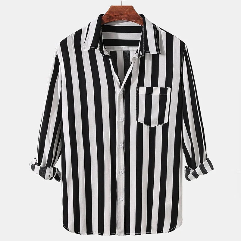 Men's Cotton Linen Vintage Stripe Chest Pocket Long Sleeve Shirt-inspireuse