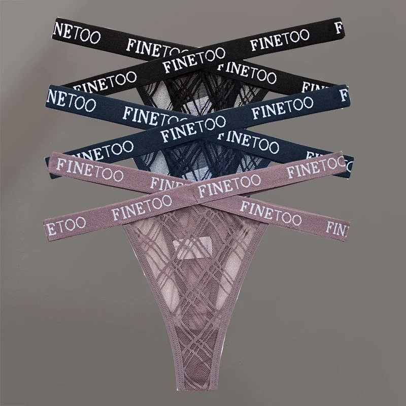 FINETOO 3PCS/Set Women's Letter Lace Mesh G-string Sexy Cross Strap Panties Midi Waist Underwear Thongs Femme Hollow Out Panties