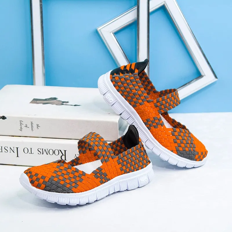 WHNB Women's Loafers Casual Shoes 2021 Spring Comfortable Sneakers Woven Breathable Flat Shoes Outdoor Hook&Loop Slip