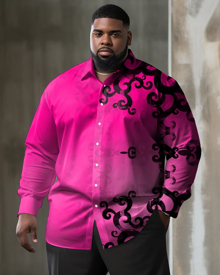 Men's Large Size Casual Pink Flower Vine Long Sleeve Lapel Long Sleeve Shirt