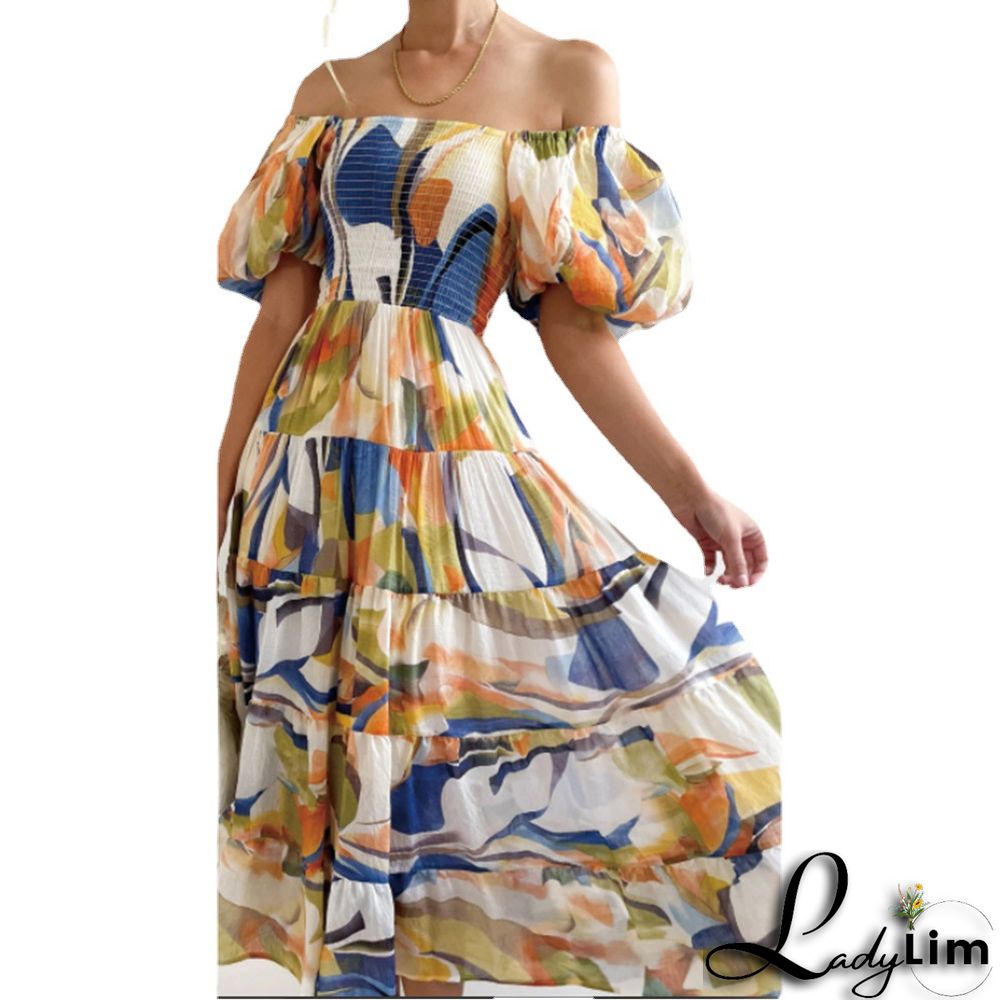 Women Boho Print Off Shoulder Holidays Oversized Dress