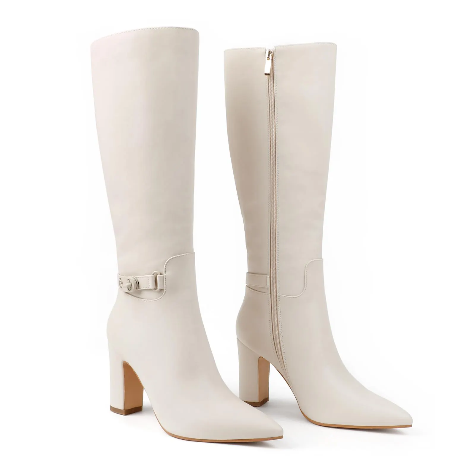 85mm/3.35 inch Women's matte high heel pointed toe buckle style casual zipper knee high boots-vocosishoes