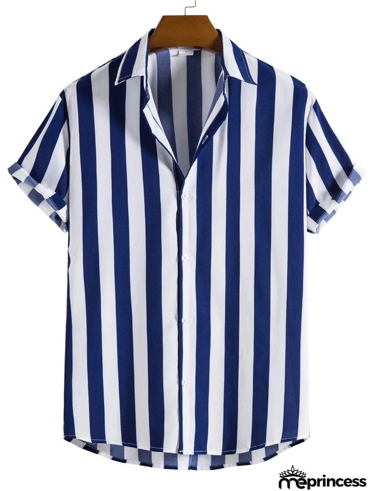 Men's Vertical Striped Button Down Aloha Shirt for Beach