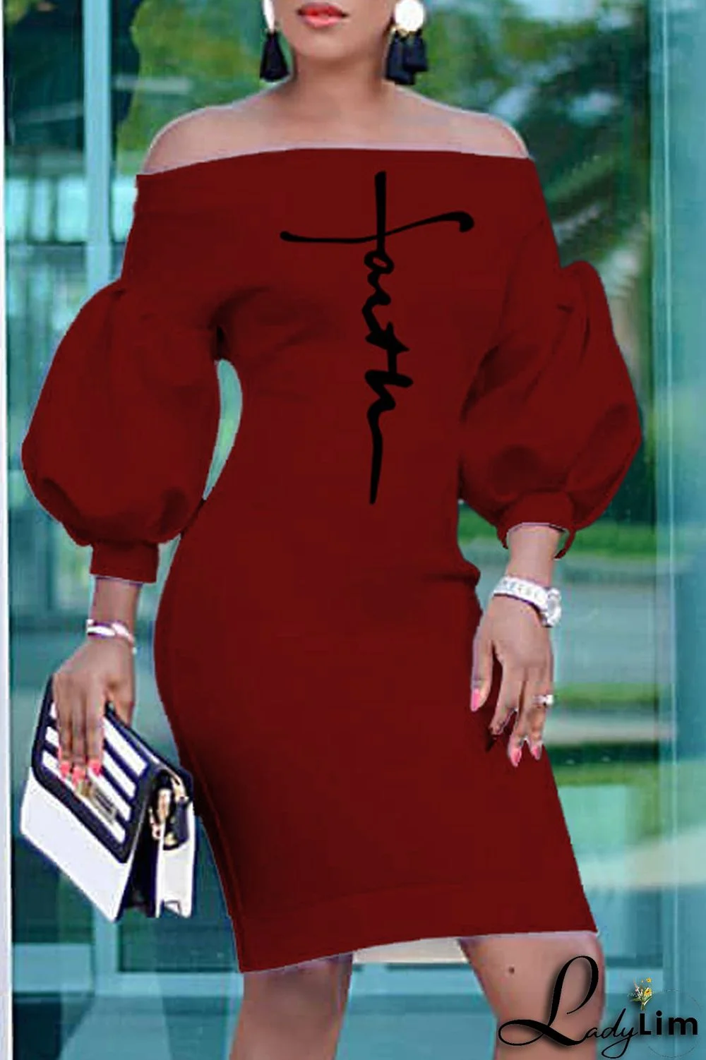 Red Fashion Casual Print Backless Off the Shoulder Dresses