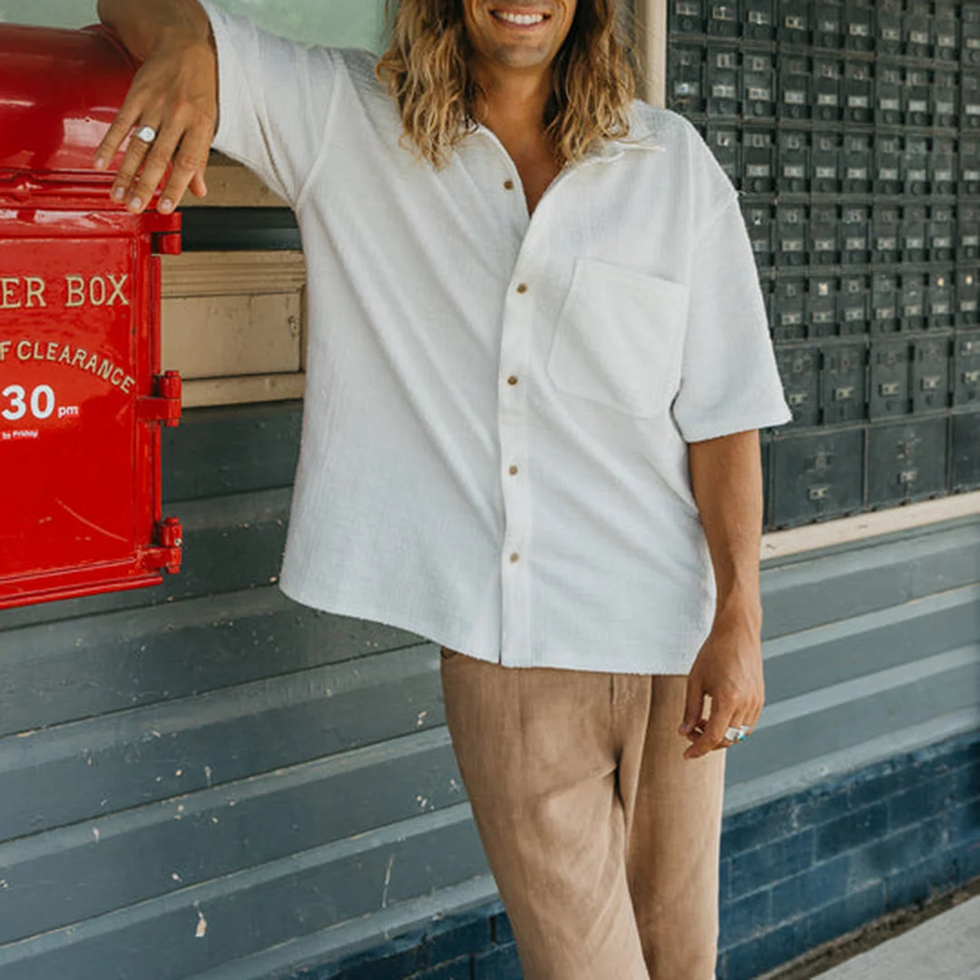Men's Vintage Casual Textured Short Sleeve Stripe Shirt-inspireuse