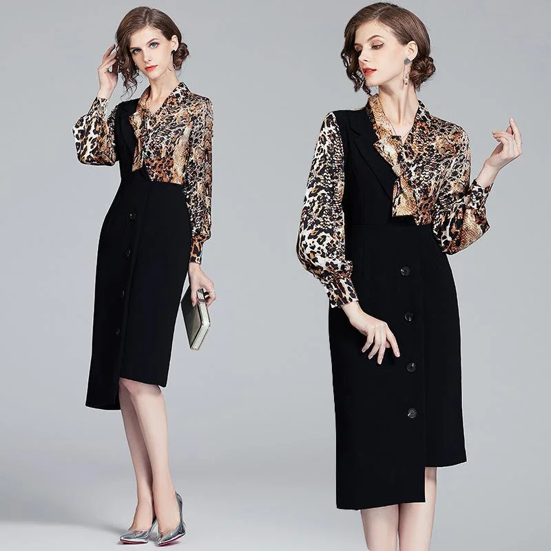 Leopard print stitching irregular skirt slim slimming dress
