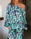 Polka Dot Print One Shoulder Long Sleeve Top & Pants Two Piece Set
