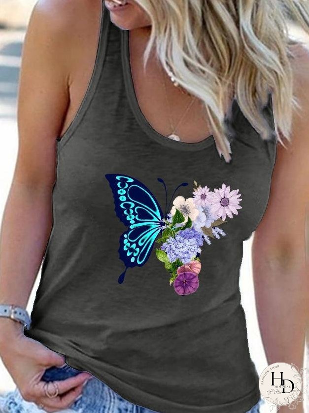 Crew Neck Butterfly Print Vest