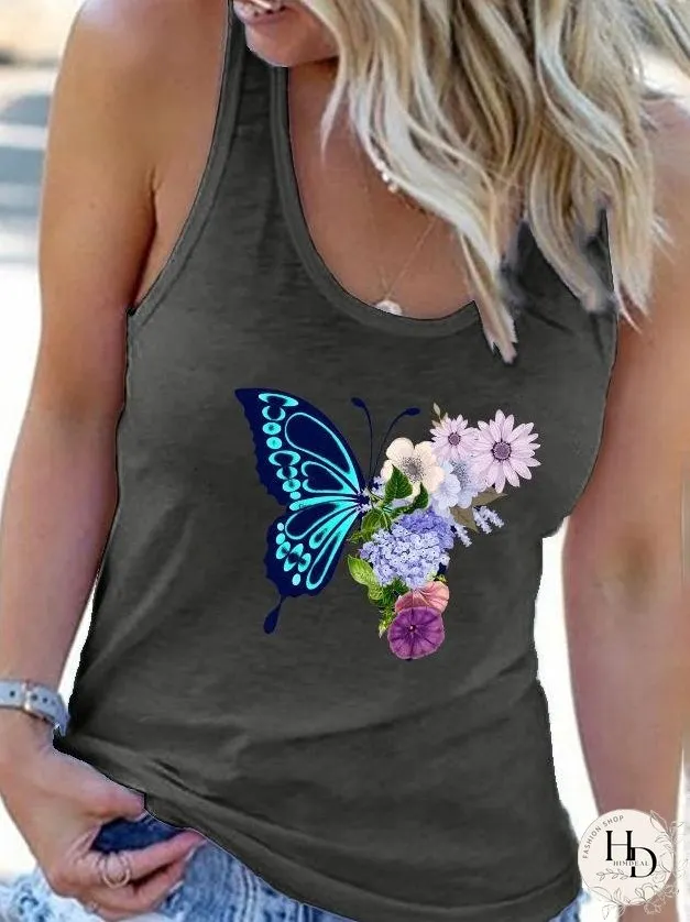 Crew Neck Butterfly Print Vest