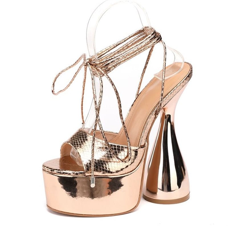 Women Platform Sandals Fashion Snake Print PU Leather Big Fish Peep Toe Ankle Strap Lace-Up Strange High Heels Party Dress Shoes