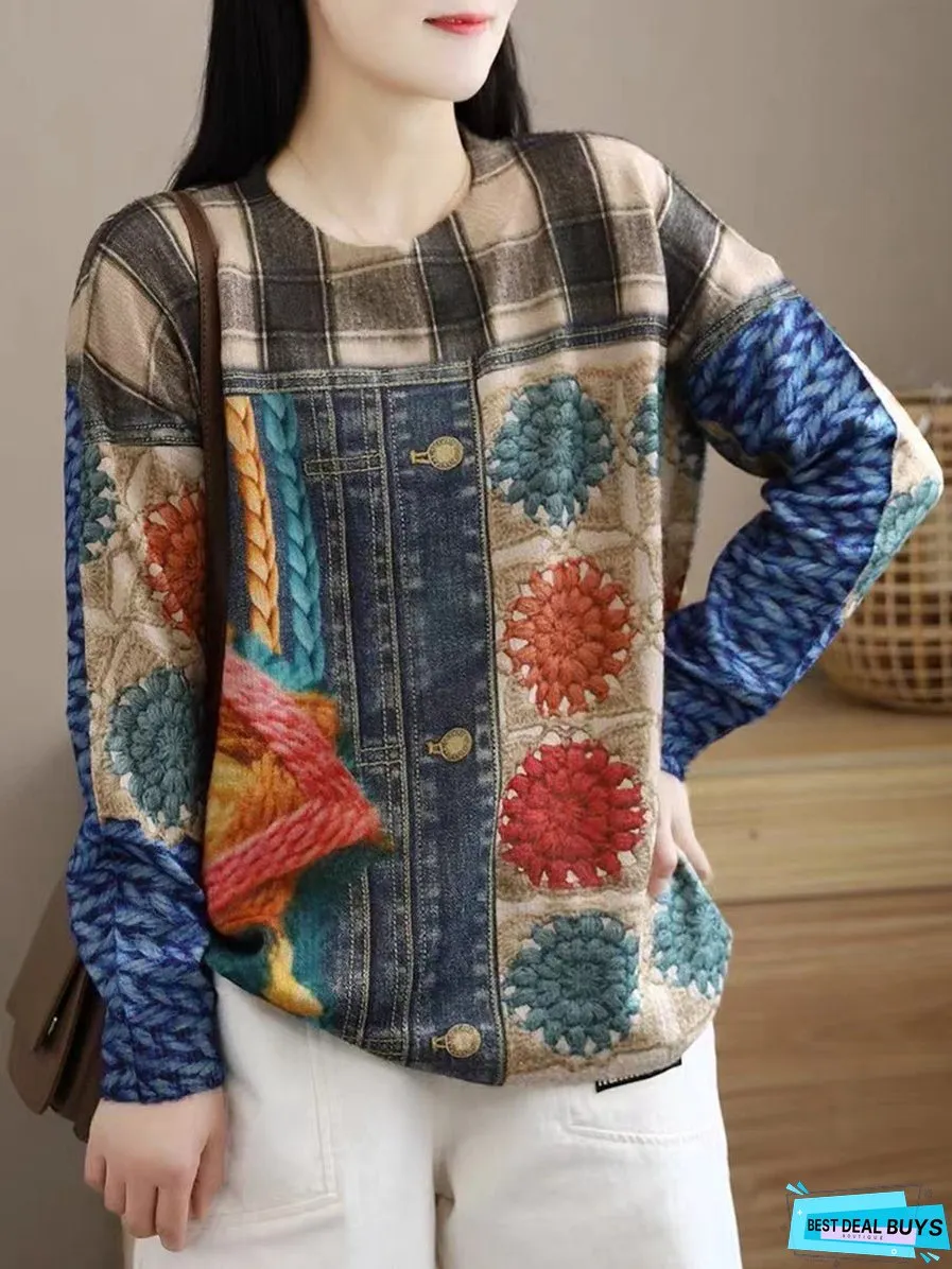 Women Vintage Winter Spliced O-Neck Warm Sweater