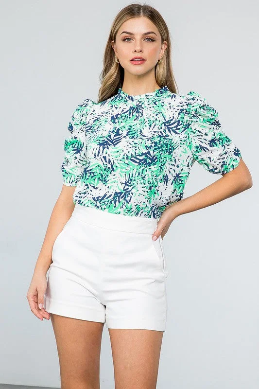 Ruched Sleeve Print Blouse