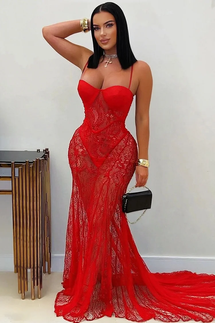 See-Through Lace Basque Waist Party Cami Maxi Mermaid Dresses-Red [Pre Order]