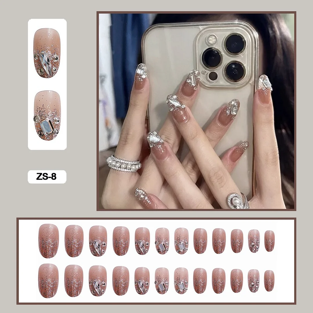 24PCS False Nails with Glue Rhinestones Long Trapezoid Detachable Pearl Stick on Nails Press on Nails Art With Wearing Tools-Nail Inspo