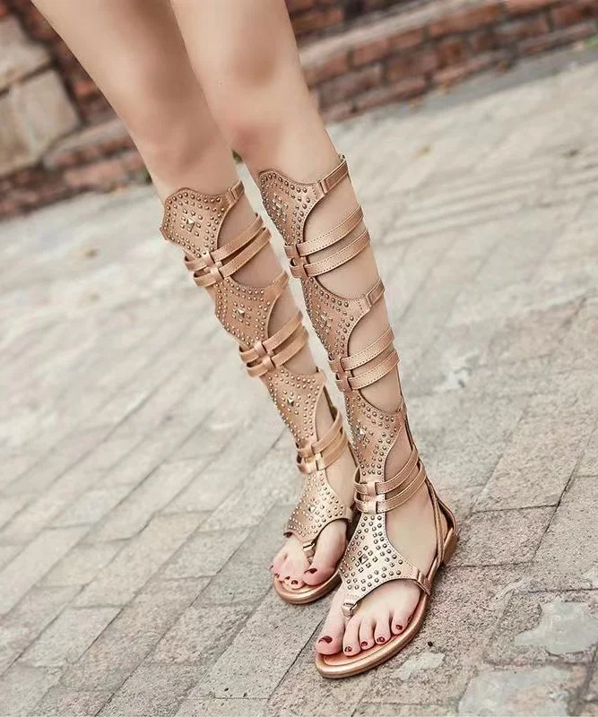 Stylish Gold Hollow Out High Barrel Flat Bottomed Rivet Roman Sandals