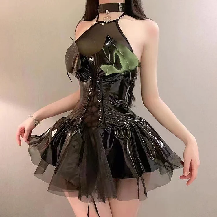 【Wetrose】In Stock Sexy Bunny Leather Latex Dress Cosplay Costume Devil Demon Erotic Skirt Full Set For Women Girl Lingerie Club