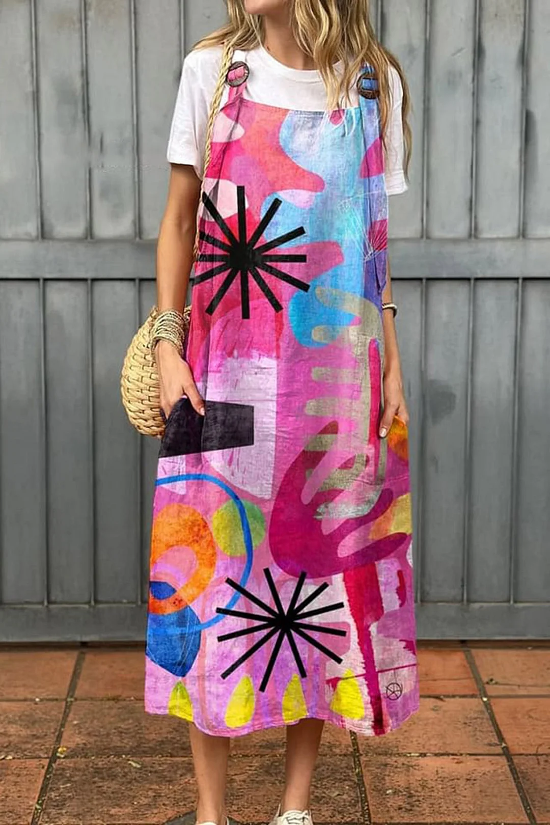 Women's Colorblock Geometric Art Print Cotton Pocket Suspender Dress