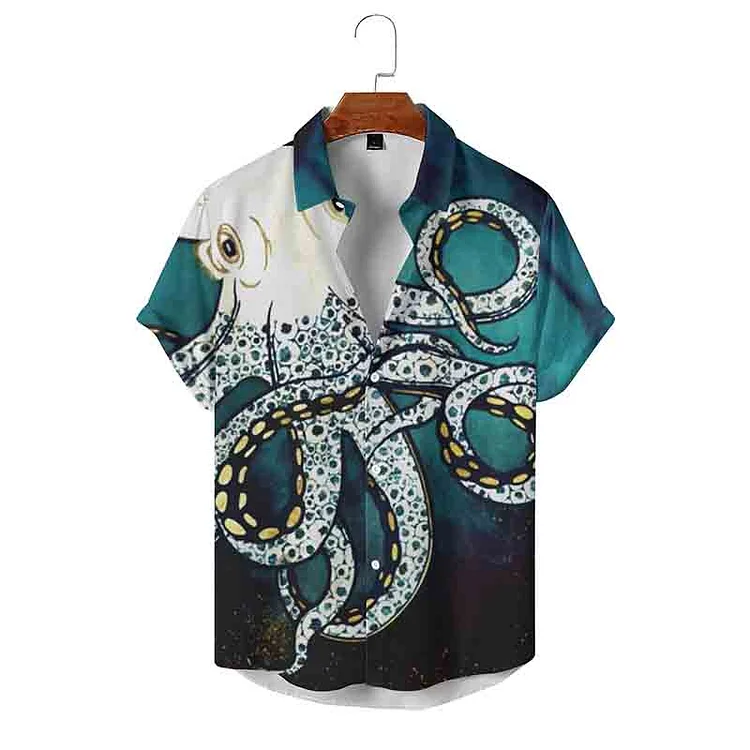BrosWear Men's Beach Holiday Octopus Short Sleeve Shirt
