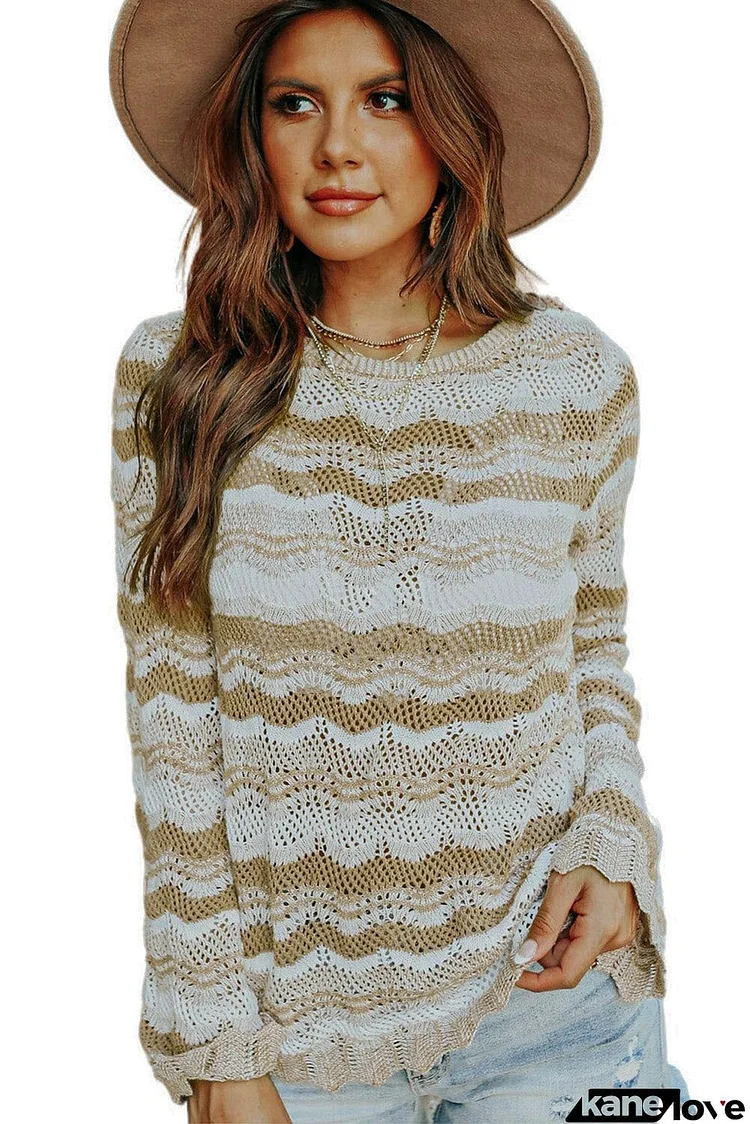 Wavy Stripe Scalloped Edge Pointelle Knit Sweater