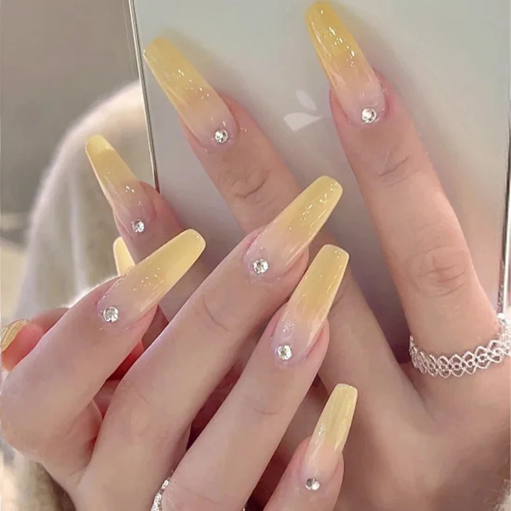 24pcs/box Artificial Nails With Glue Mid-length Fake Nails Gradient Wear Nail Stickers Finished Fake Nails Press On Nails Coffin-Nail Inspo