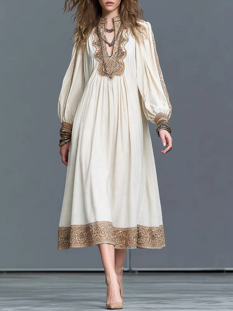Boho Split Neck Bishop Sleeve Midi Dress