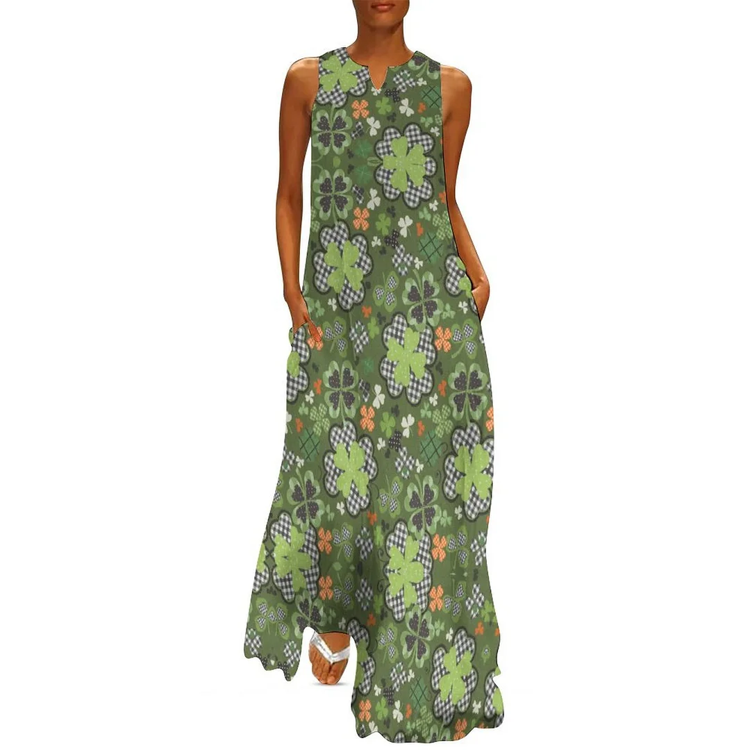 Style & Comfort for Mature Women Plus Size Printed Sleeveless Casual Women Maxi Dress with Pockets in Pattern St. Patrick's Day, Green, Clover, Lucky