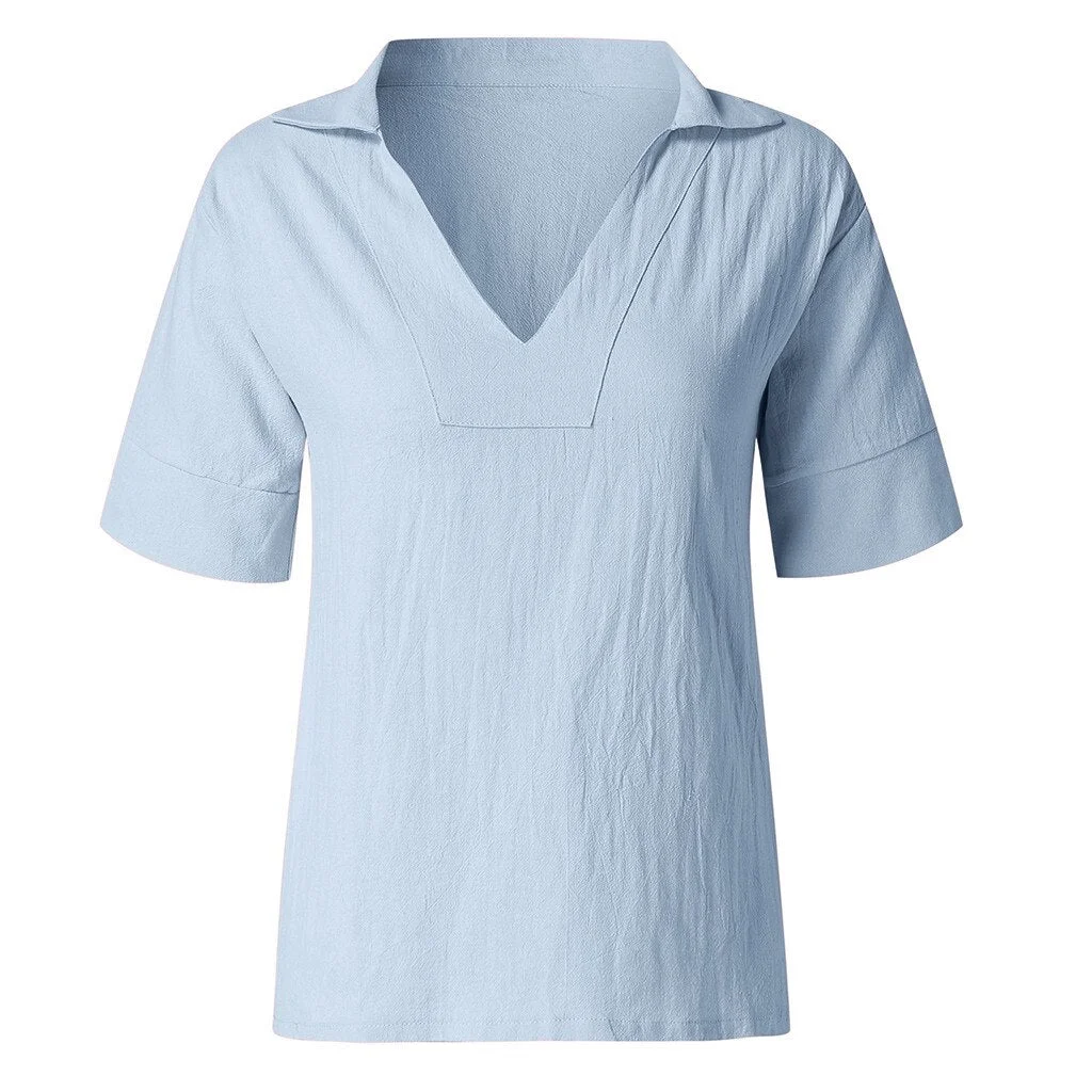 Plus Size Fashion Cotton Linen Blouse Sexy Loose V-Neck Tops Tee Casual Summer Ladies Female Women Short Sleeve Blusas Pullover