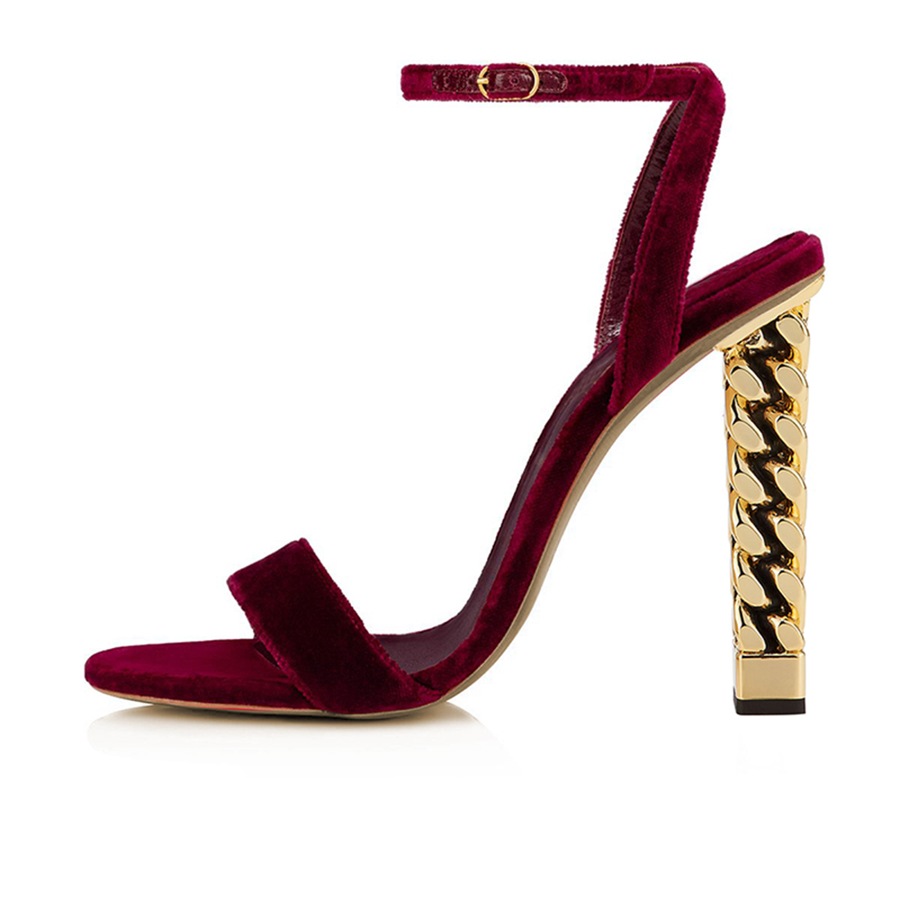 Maroon Faux Suede Almond Toe Decorative Heel Ankle Strap Sandals Nicepairs