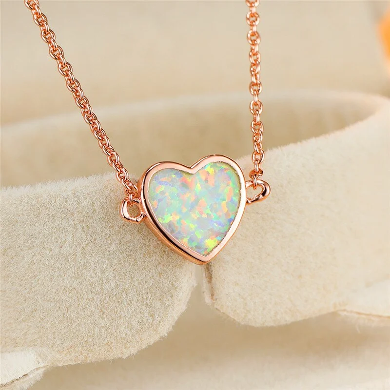 Simple Female White Opal Pendant Necklace Charm Rose Color Gold Chain Necklace For Women Cute Bridal Love Heart Wedding Necklace