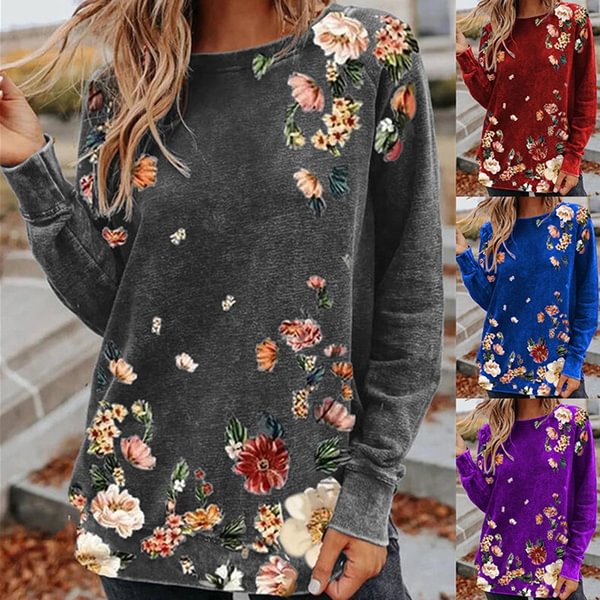 Women Flowers Printed Casual Round Neck Long Sleeves Plus Size T-Shirt Loose Pullover Spring Blouse - Shop Trendy Women's Clothing | LoverChic