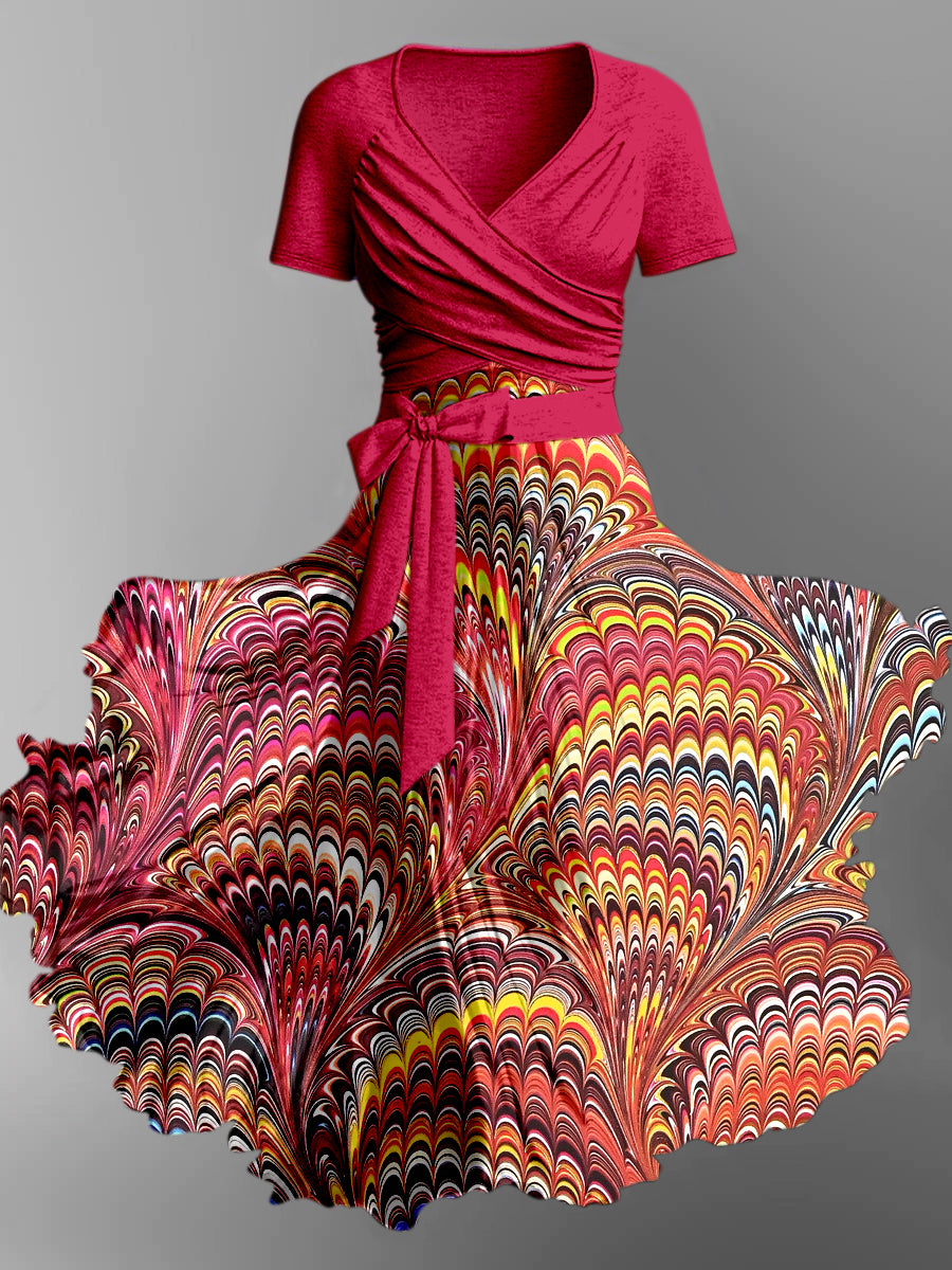 Feather Print Vintage V-Neck Short Sleeve Two-Piece Midi Dress