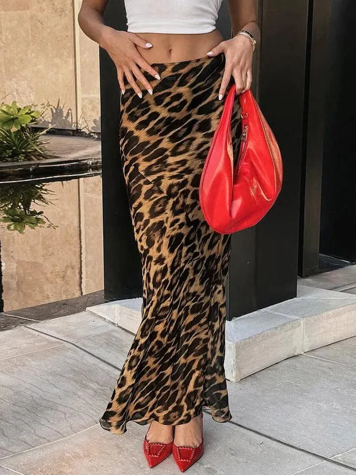 Brownm Leopard Print Slim Maxi Skirt