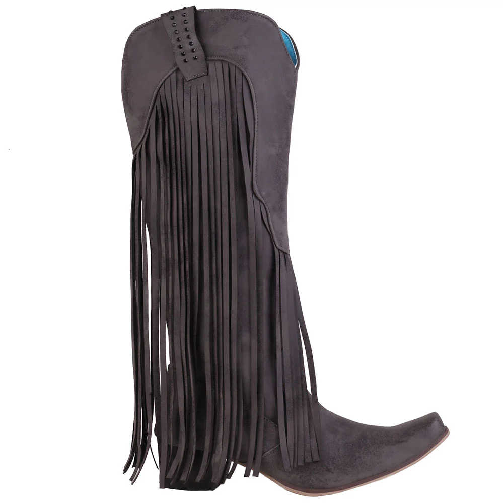 Qengg New Arrival Cowboy Western Long knee-high Boots Women Stacked Heeled Fringe Retro Casual Ridding Boots Autumn Shoes