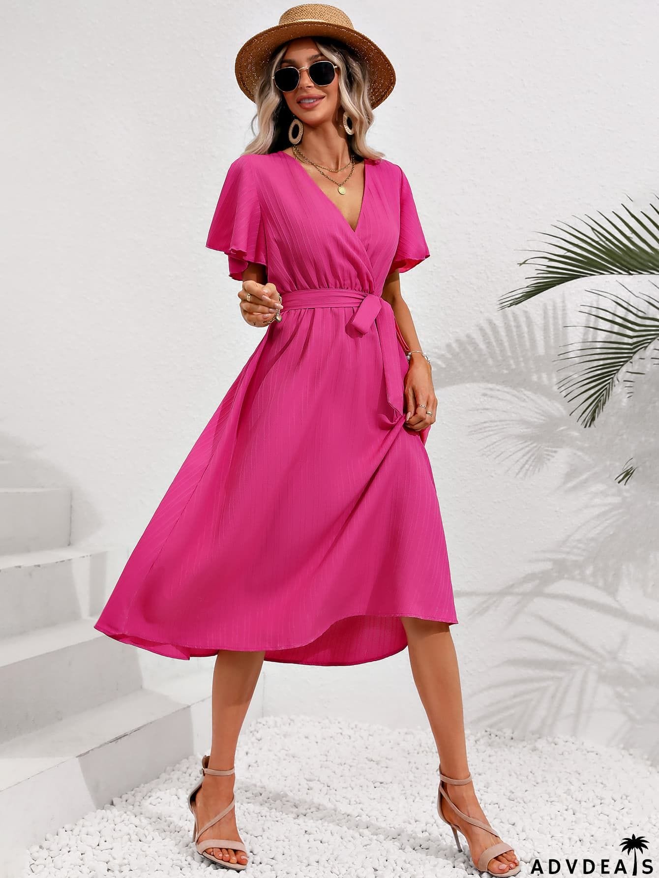 Surplice Neck Tie Belt Midi Dress