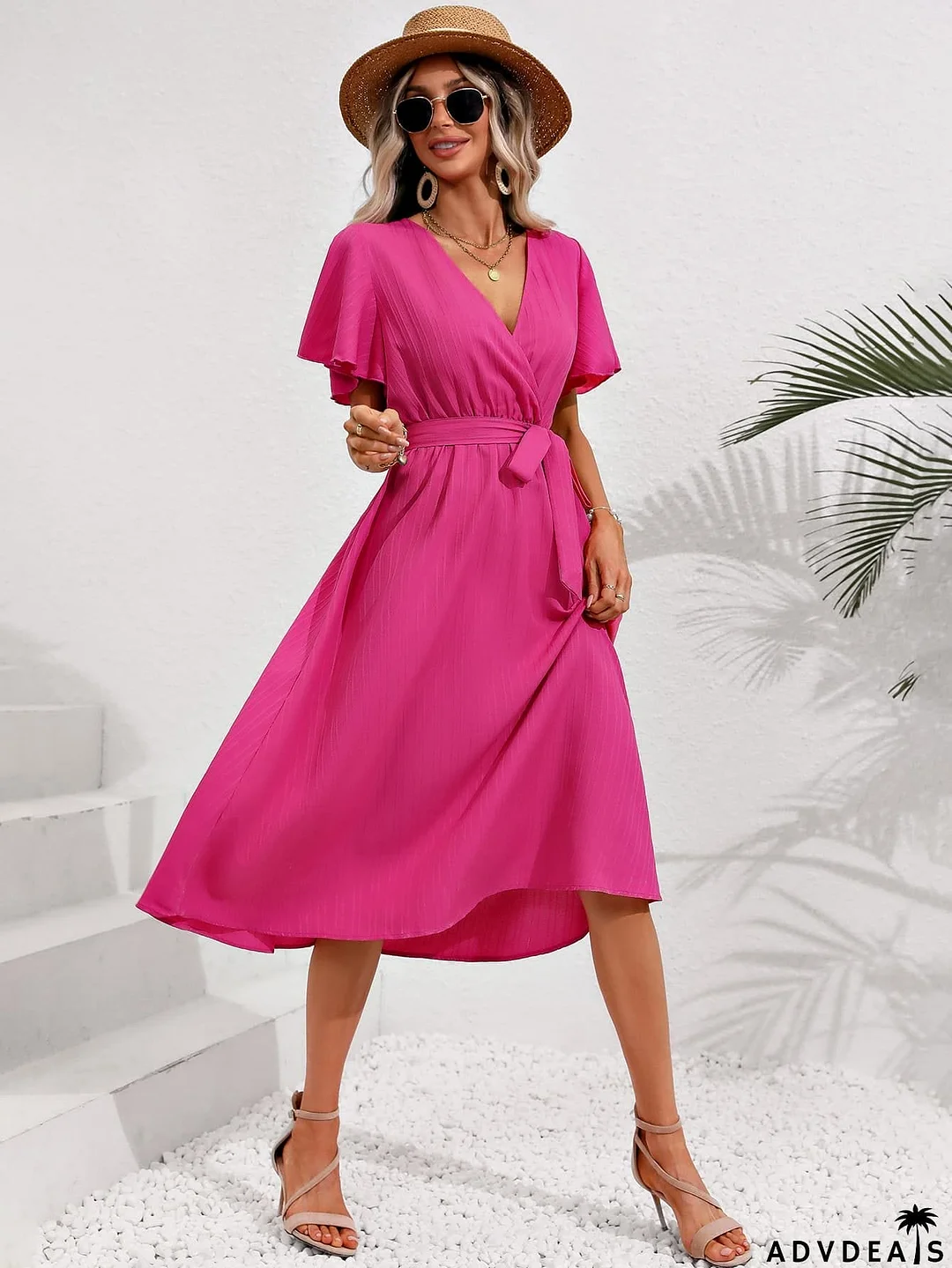 Surplice Neck Tie Belt Midi Dress