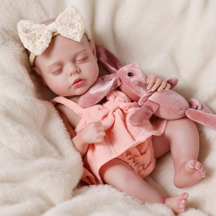 Babeside Lucy 12" Sleeping Baby Doll &ndash; Realistic Hard Vinyl Newborn Doll in Peach Romper