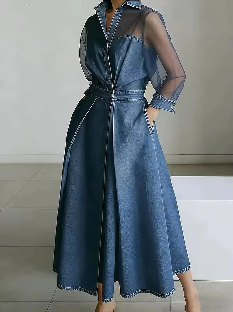 Fashionable And Casual Patchwork Organza Denim Dress