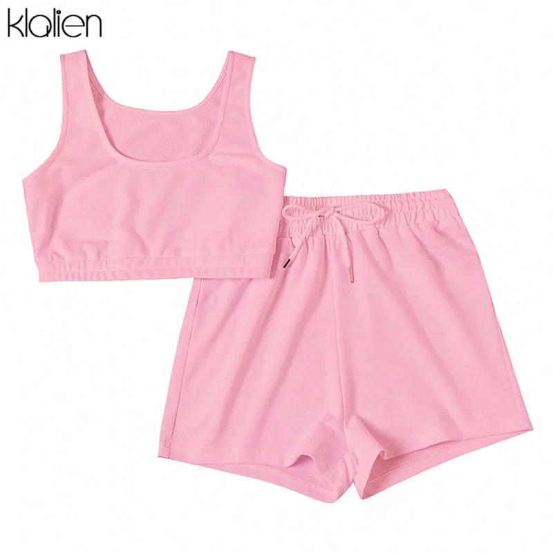 KLALIEN Fashion Casual Soft Cotton Stretch Slim Women Two Piece Set Summer Simple Solid Club Street Home Wear Top and Shorts Set