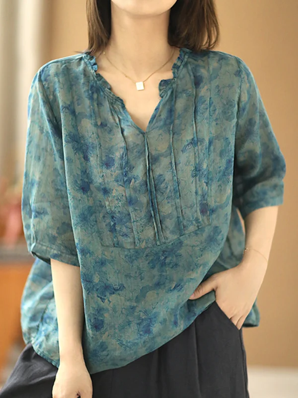 Vintage Roomy Stamped Ramie Cotton T-Shirt Top