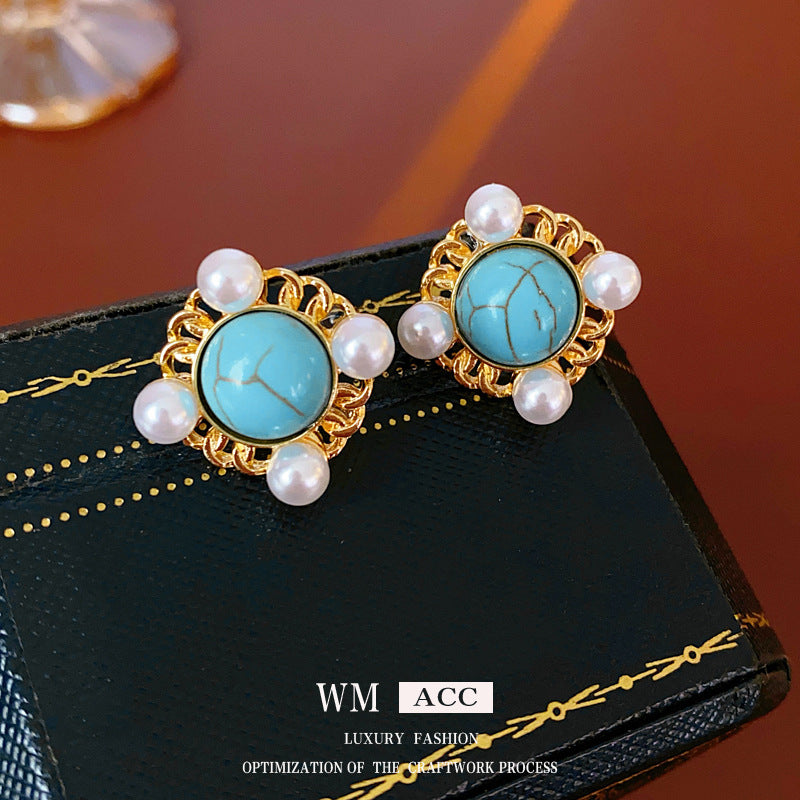 Medieval Round Geometric Artificial Pearl Electroplating Earrings