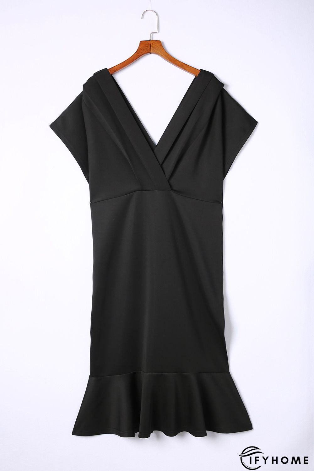 Black Plus Size Pleated V Neck Ruffle Hem Bodycon Dress | IFYHOME