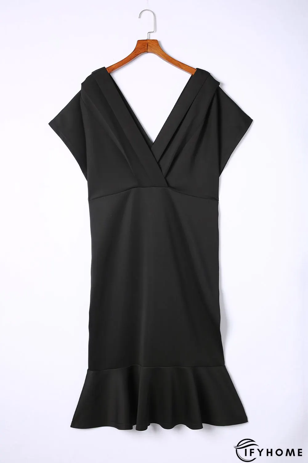 Black Plus Size Pleated V Neck Ruffle Hem Bodycon Dress | IFYHOME