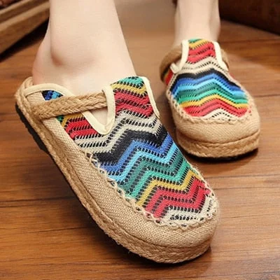 Lourdasprec Ladies Linen Thailand Embroidered Flat Shoes Summer Fashion Retro Women Chinese Style Casual Cotton Home Slippers