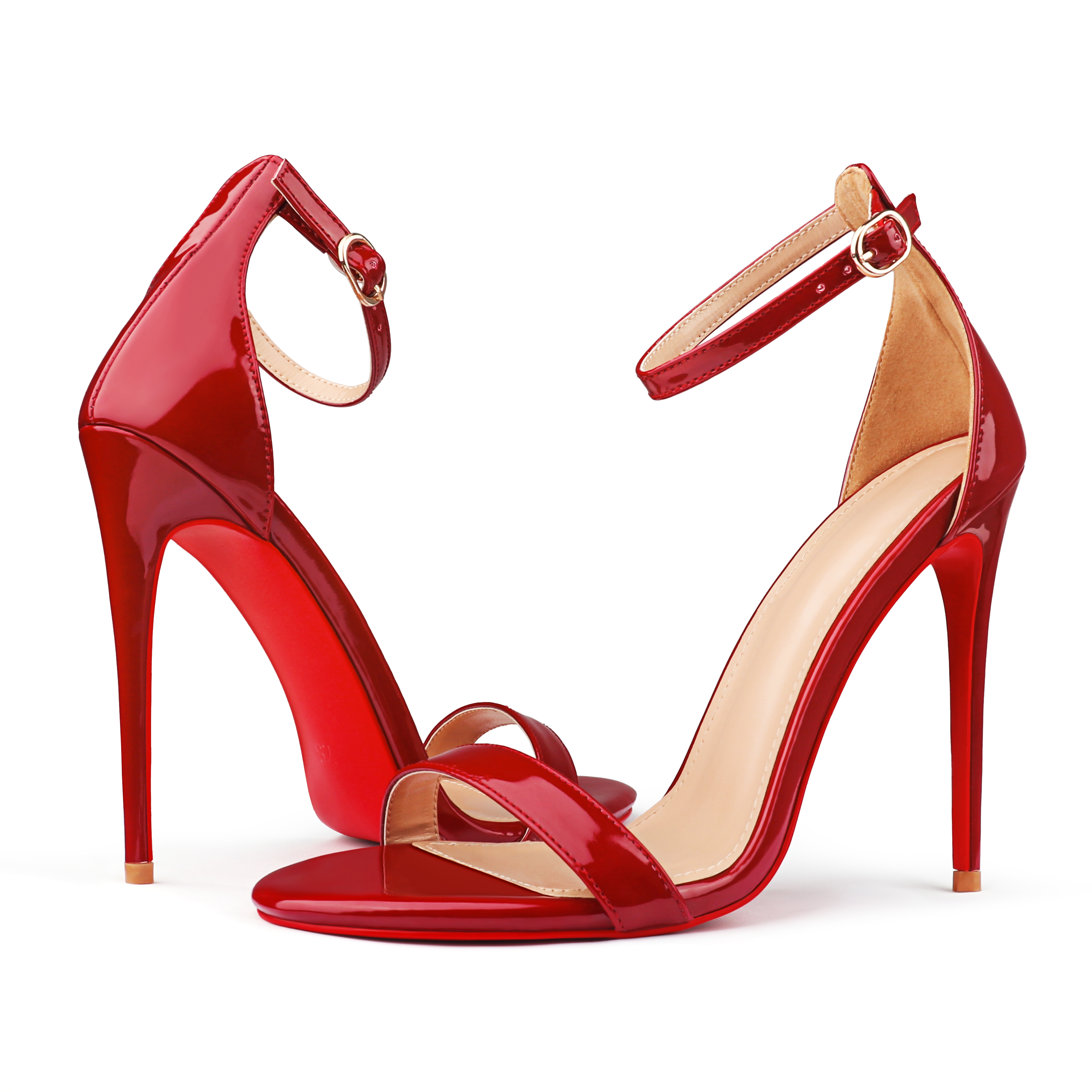 120mm Women's Pointed Toe Open Toe Ankle Strap Red Bottom Sandals Pumps Shoes-MERUMOTE