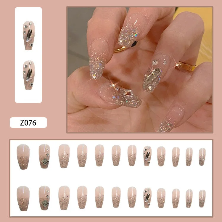 24pcs Rhinestone Inlaid Nail Patch  Shiny Glue Type Removable Long Paragraph Fashion Manicure Save Time False Nail Patch DL