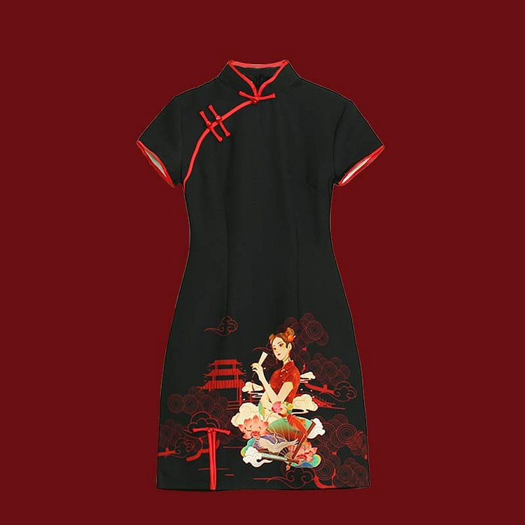 Vintage Print Short Sleeve Buckle Cheongsam Dress - Modakawa modakawa