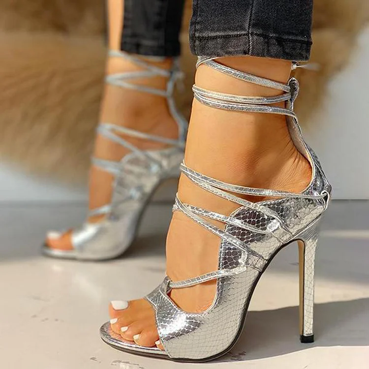 Silver Wrap Stiletto Heels Open Toe Sandals Party High Heel Shoes |FSJ Shoes