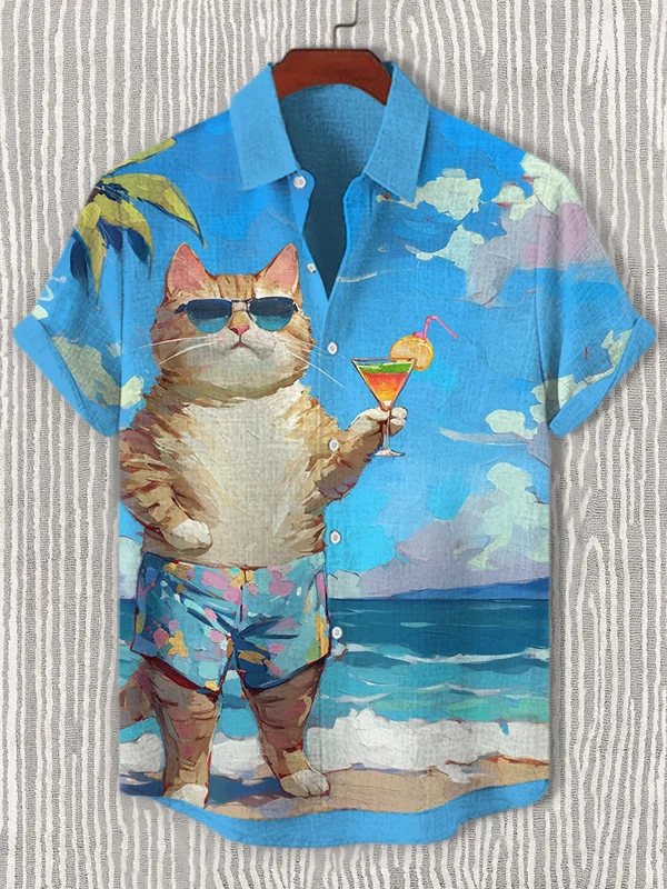 Men's Holiday Cat Cocktail Art Print Casual Shirt