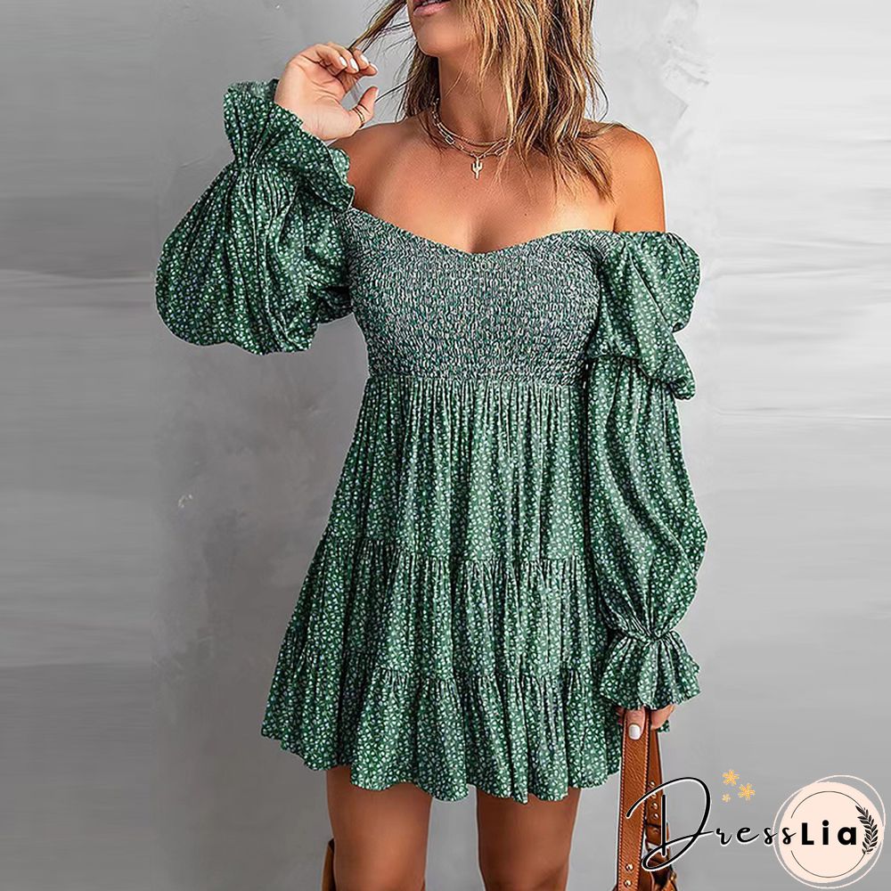 Autumn Sexy Ladies Strapless Folds Mini Dress Fashion Sweet Puff Sleeve Loose Print Dress Women Elegant Pleated Party Dress