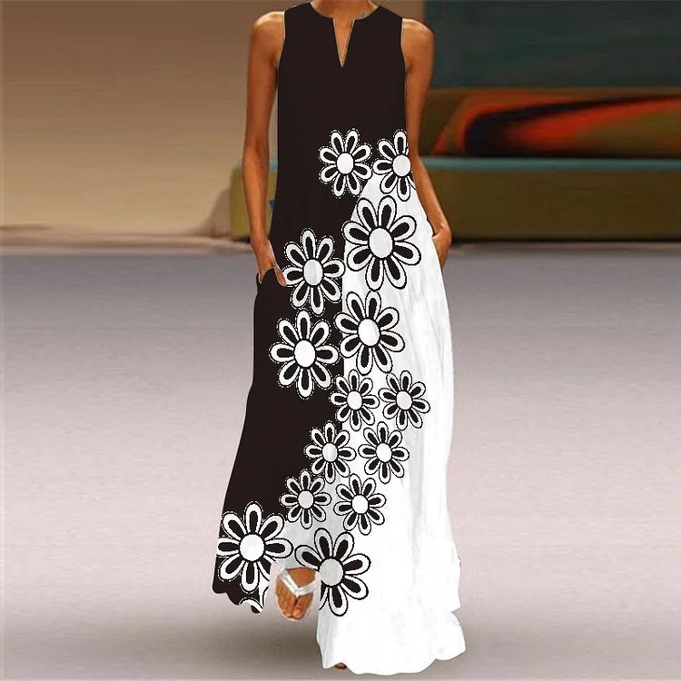 Sleeveless V-neck Fashion Floral Print Casual Maxi Dress